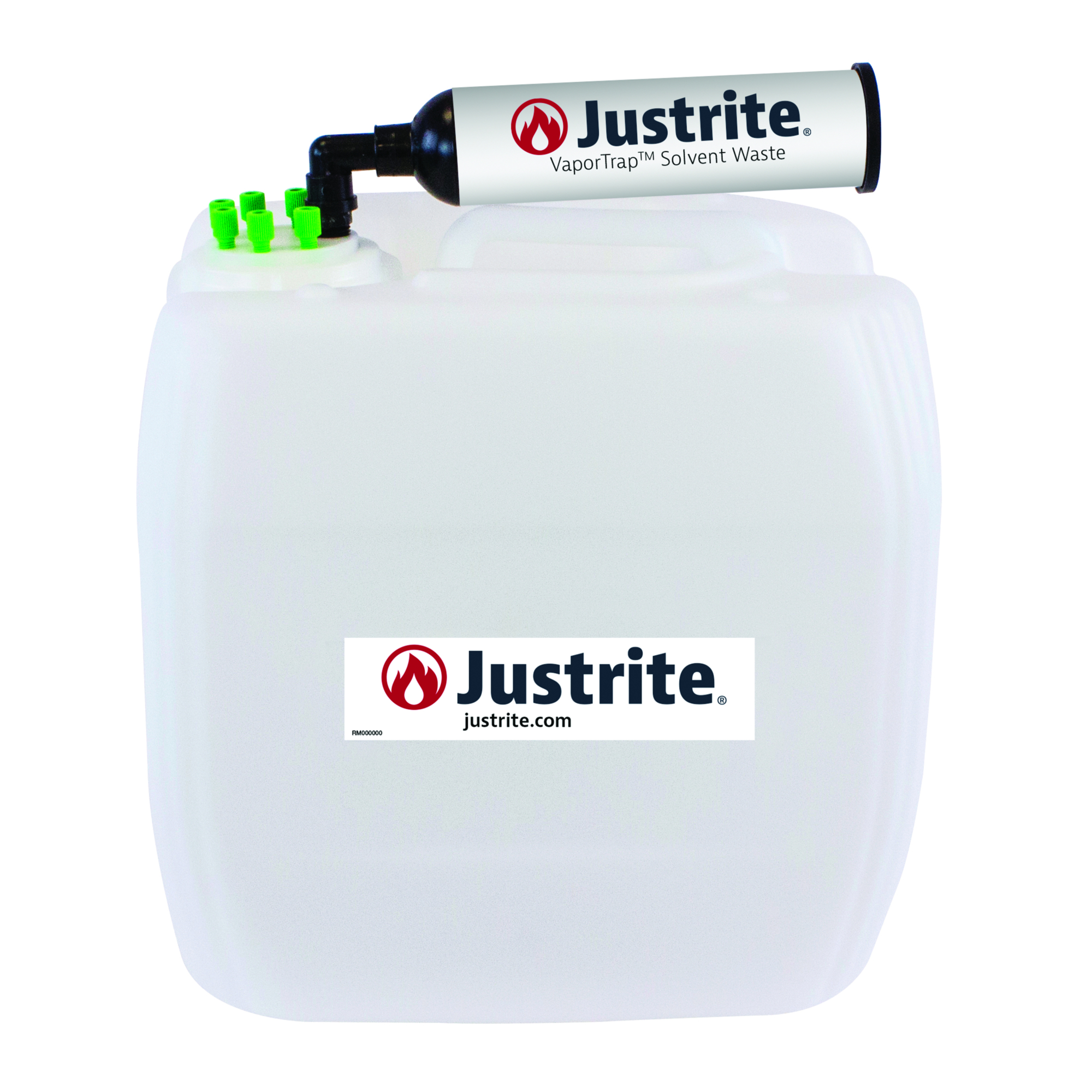 Justrite HDPE Carboy with Filter Kit — 13.5 Liters, UN/DOT Certified, VaporTrap, 6 Ports, 70mm Cap, Model# 12836